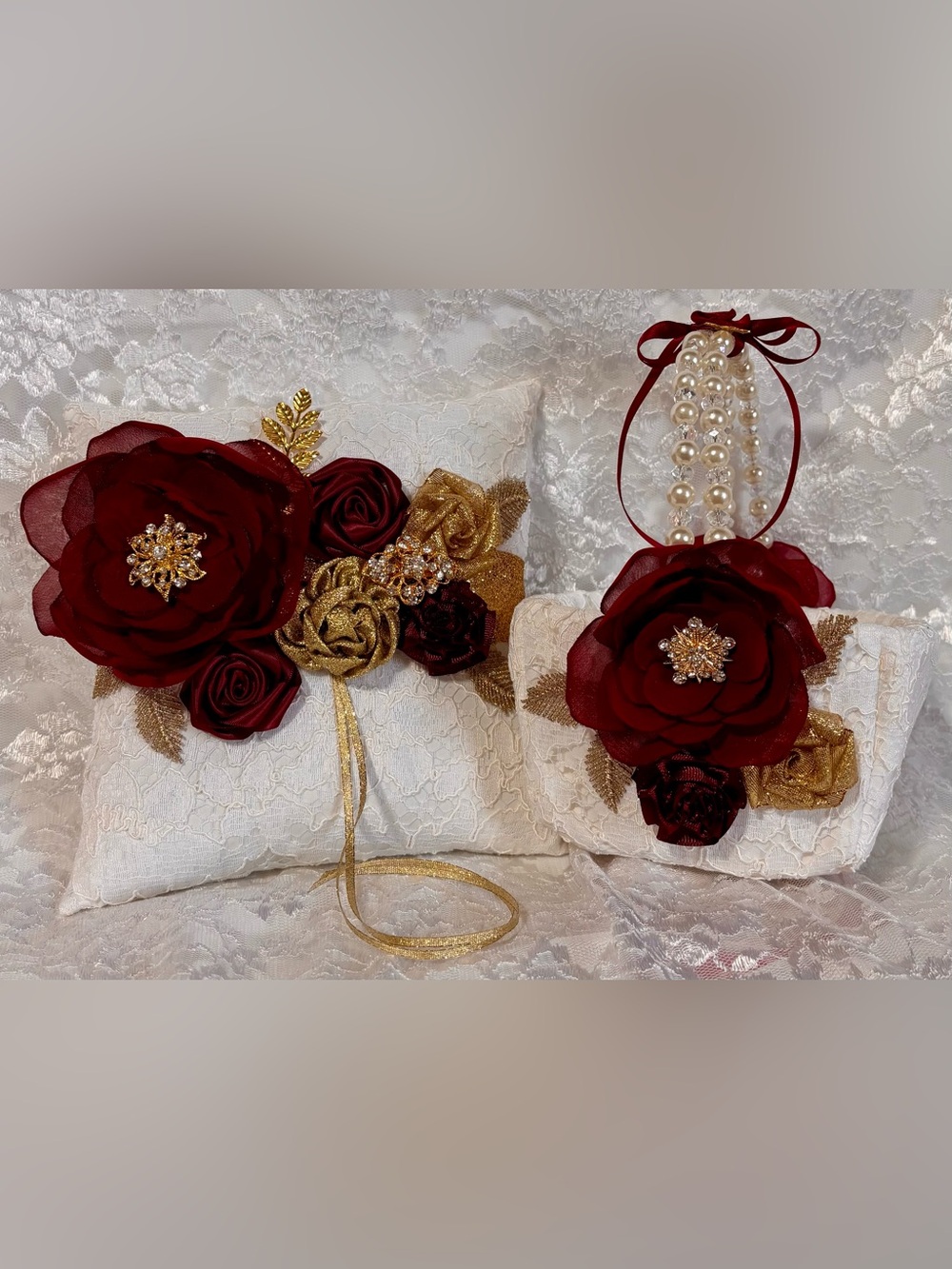 🌟 Burgundy Gold and White Ring Pillow and Flower Basket Set